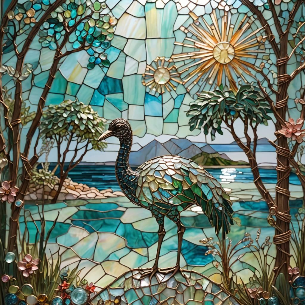 Tropical Lagoon Mosaic with Jeweled Ostrich