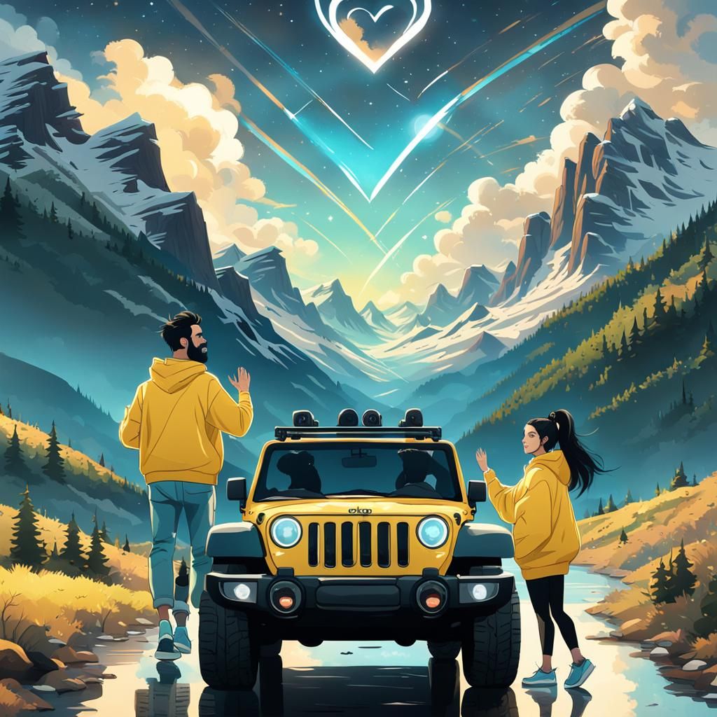 Couple in Mountain Jeep: Pablo Amaringo Illustration