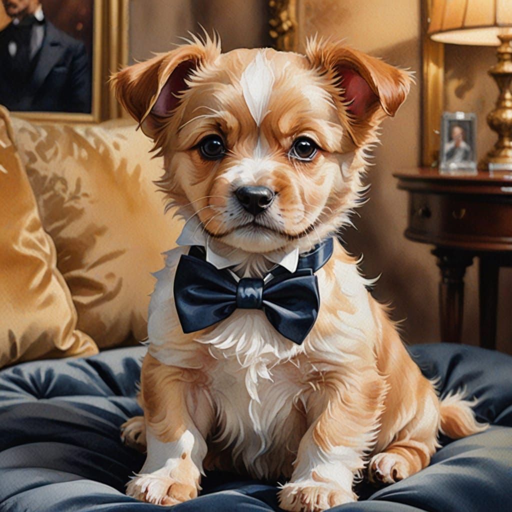Watercolor Whimsy: Adorable Puppy in Tuxedo Bow Tie
