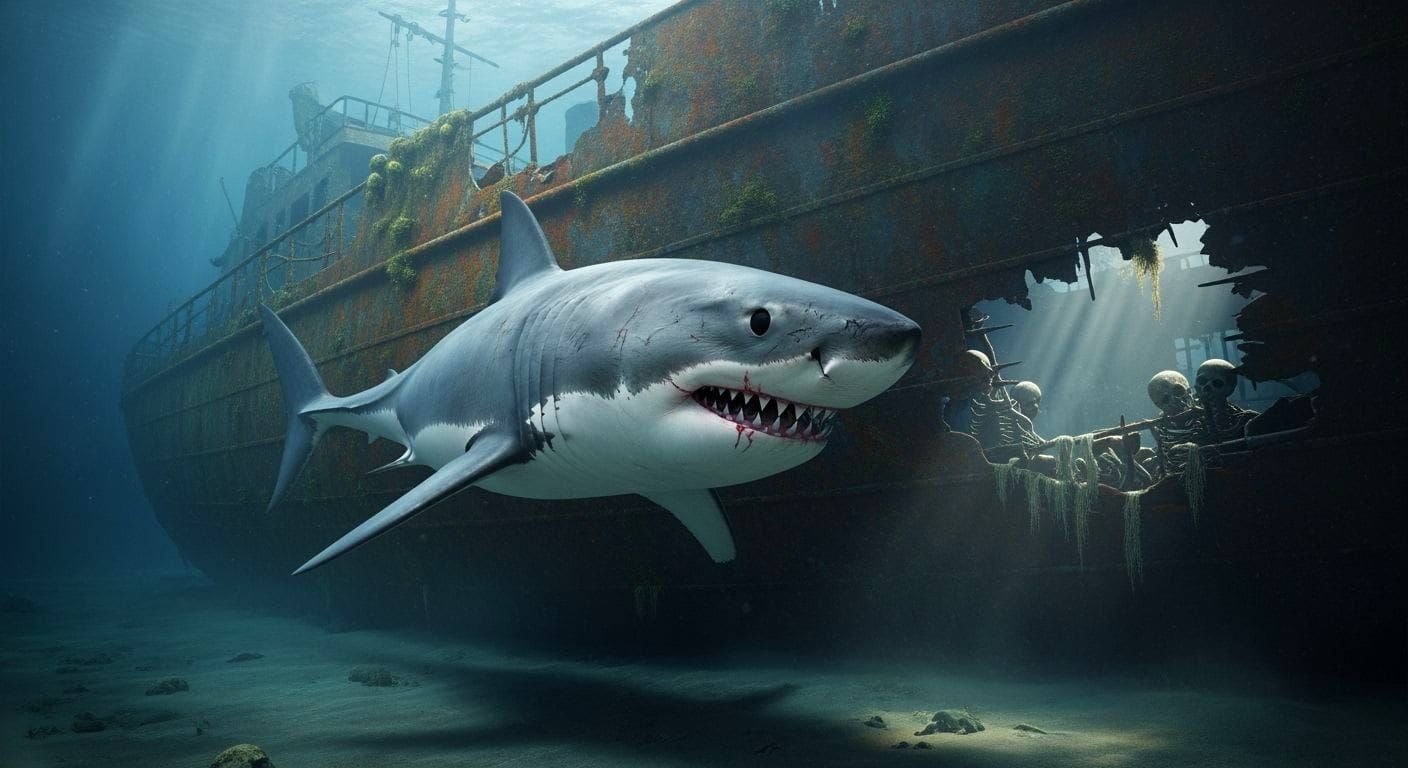 Menacing Great White Shark in Sunken Ship, Hyperrealism