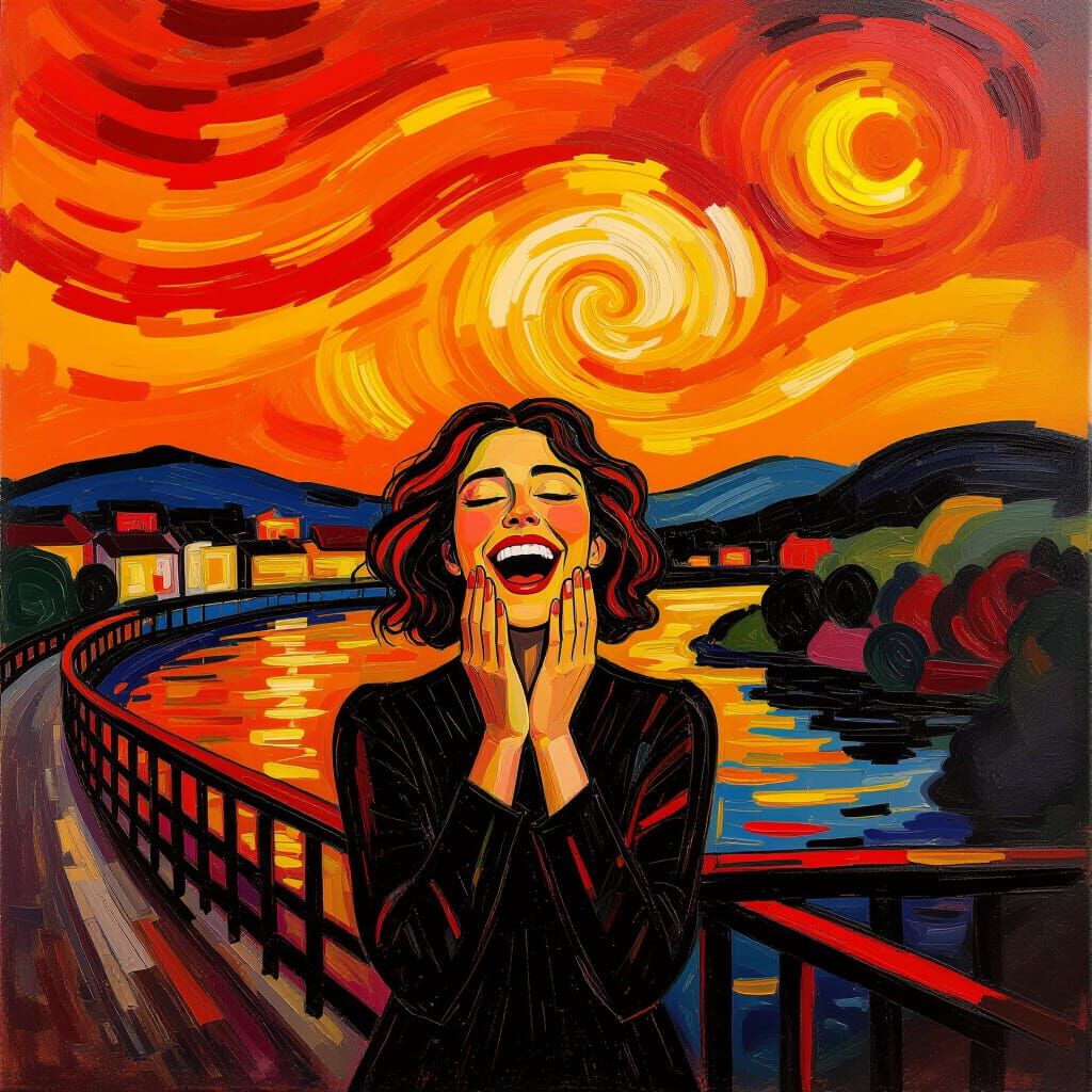 Ecstatic Figure on Bridge in Vibrant Oil Painting Style