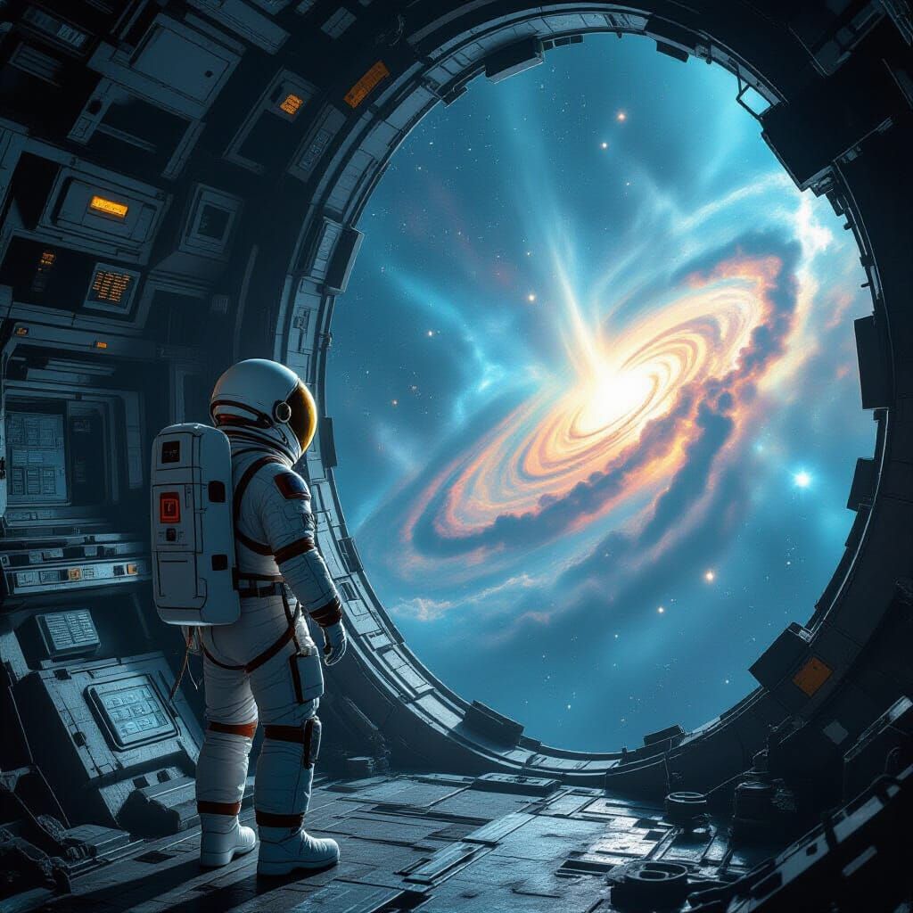 Astronaut Gazing at Nebula Near Derelict Station