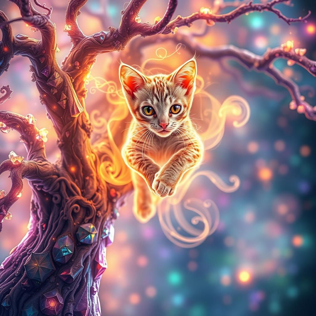 Luminescent Fractal Cat Leaping from Crystal Tree
