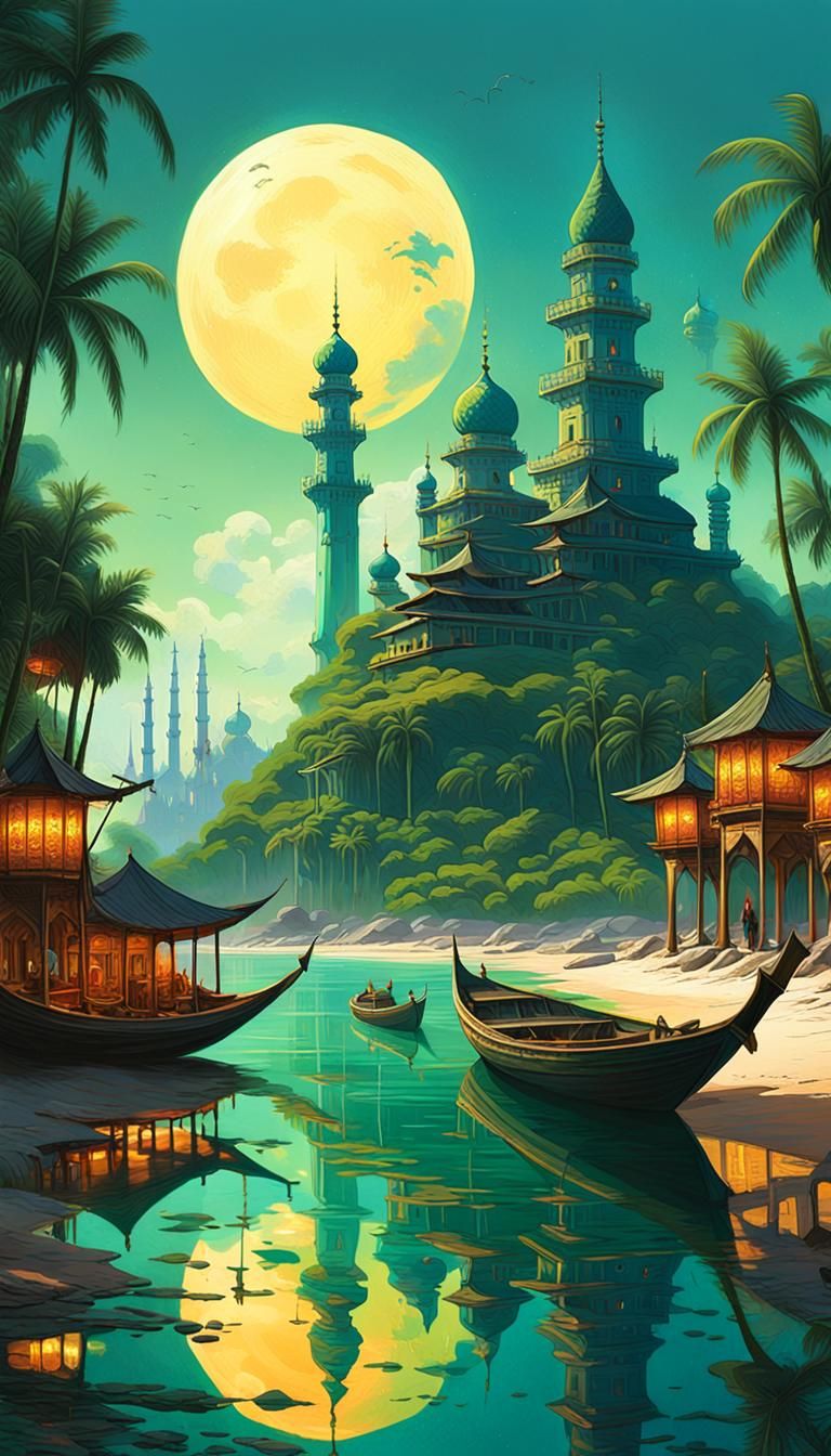 Jukung Boats on Beach in Dreamy Matte Painting