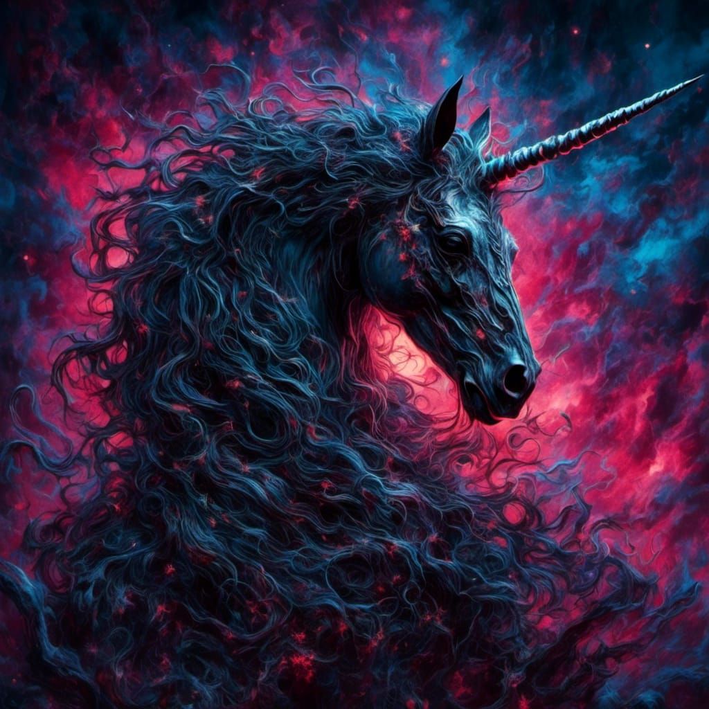 Nightmarish Black Unicorn in Psychedelic Horror Style
