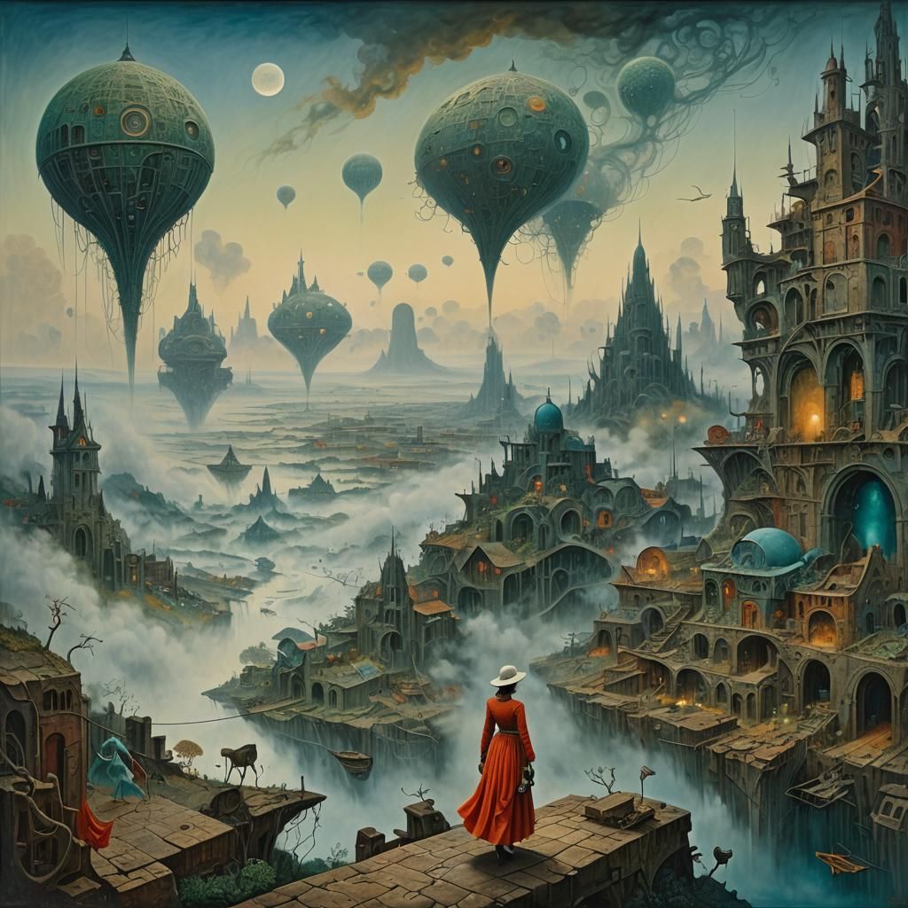 Surreal Old Woman Walks Through Arid Landscape