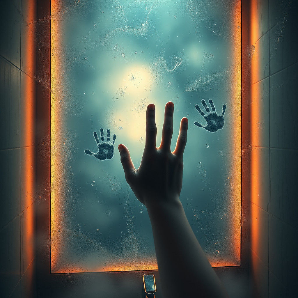 Eerie Handprint on Misty Bathroom Mirror