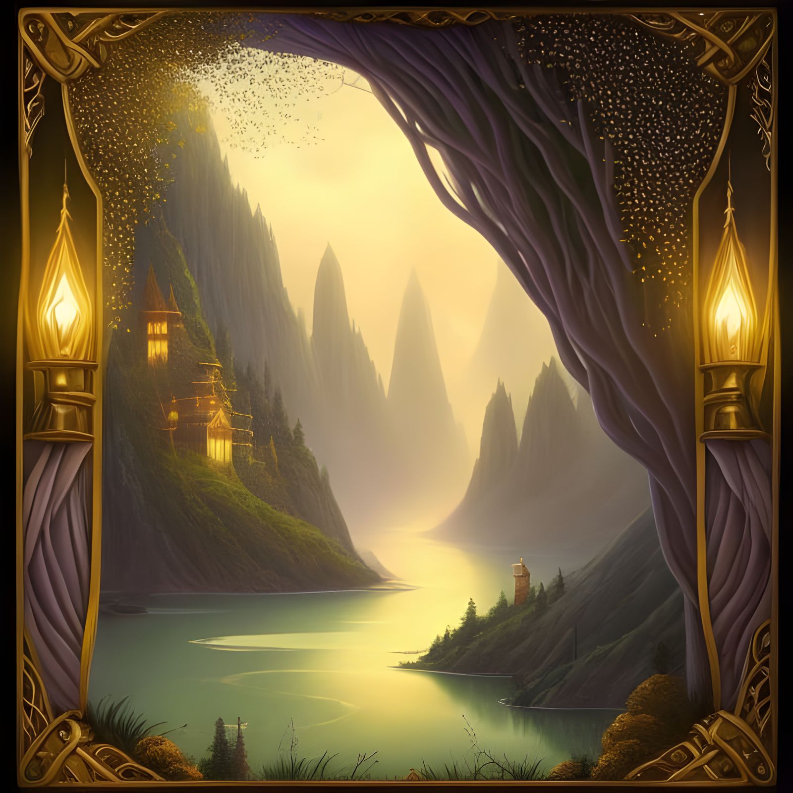 Enchanted Elven River Village in Rococo Illustration