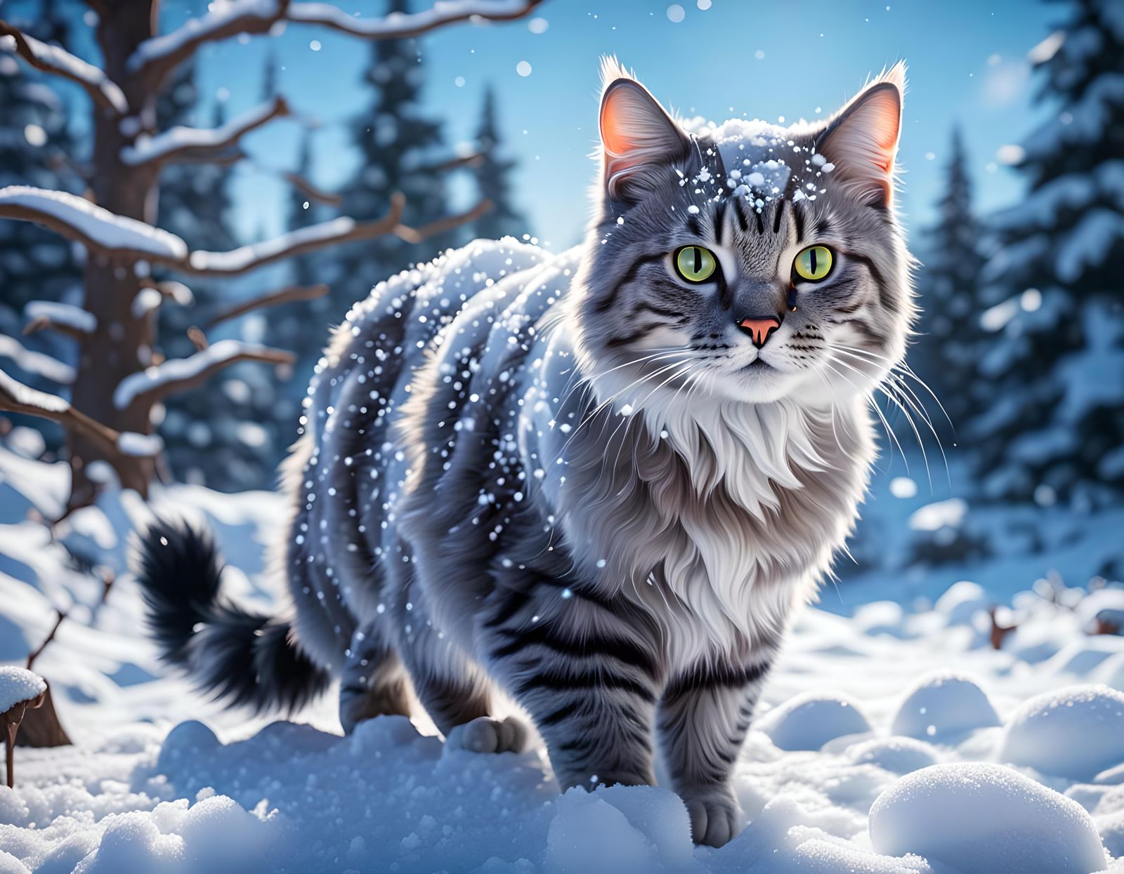 Snowy Cat Portrait in Hyperrealistic Style
