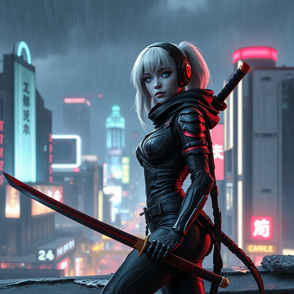Cyberpunk Cyborg Ninja on Rooftop in Neon City