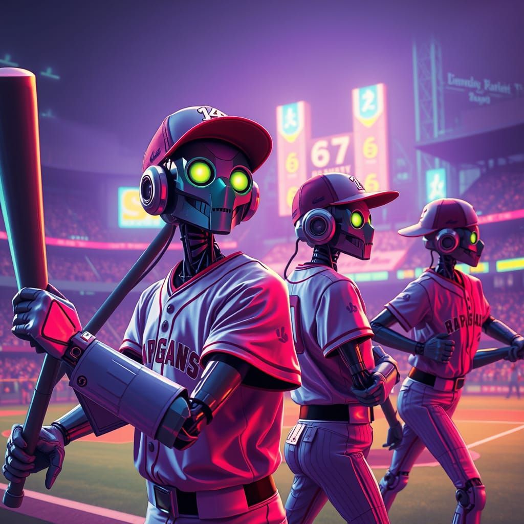 Robots Play Baseball in Neon Cyberpunk Stadium