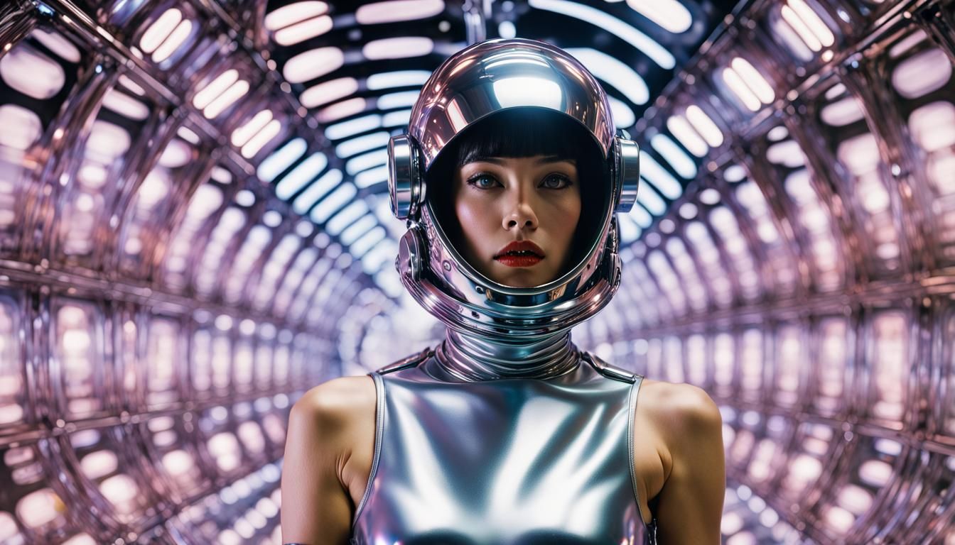 Retro-Futuristic Robot Pin-Up in 80s Sci-Fi Style