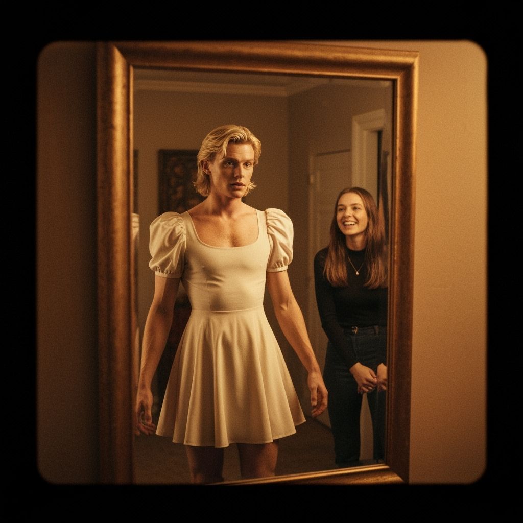 Crossdressing Man Admires Reflection in Mirror