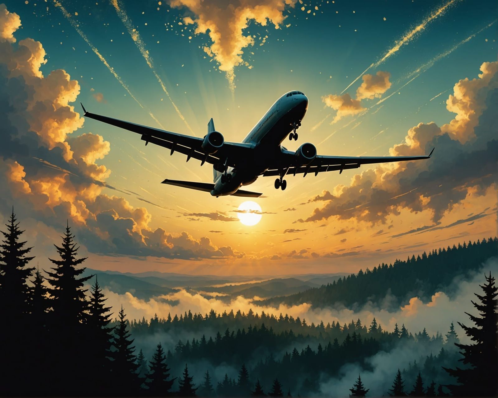 Plane Silhouette Over Forest at Sunset in Alcohol Inks