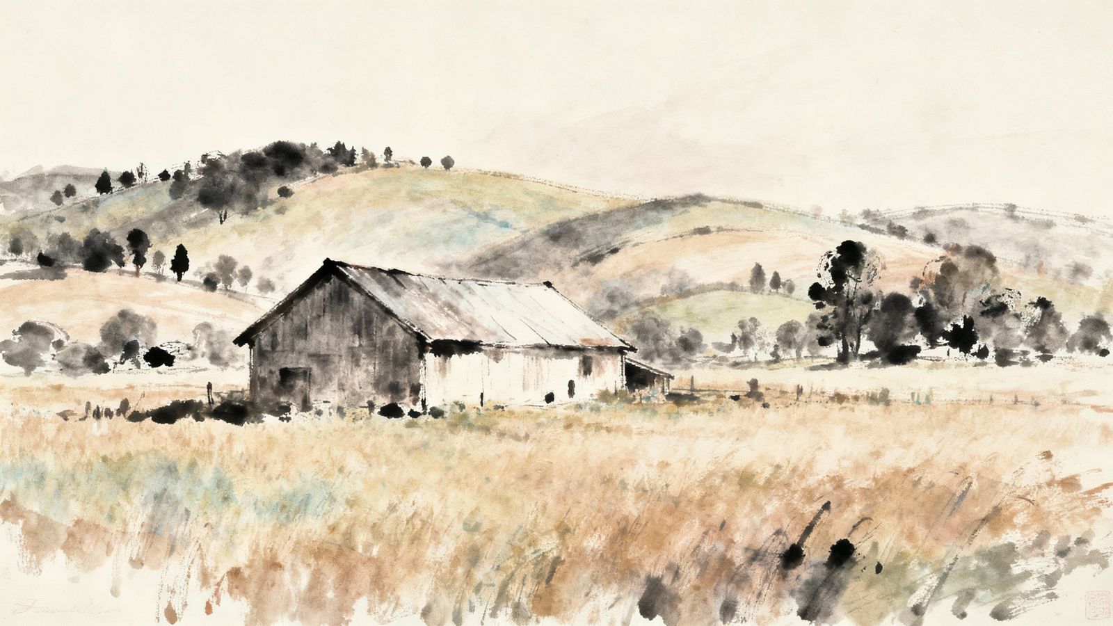 Farm Landscape in Impressionist Ink Style