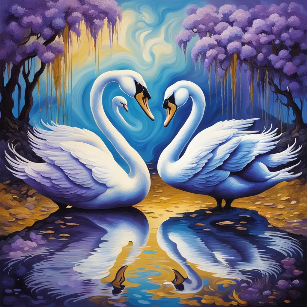 Loving Swans in Garden: Surrealist Synthography Art