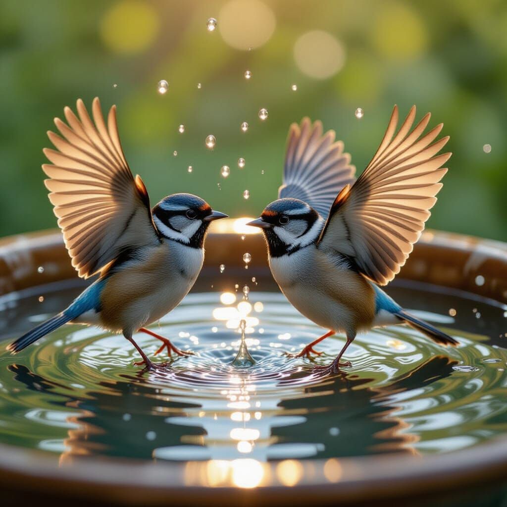 Birds Joyfully Splashing in Bird Bath: Hyperrealistic Detail