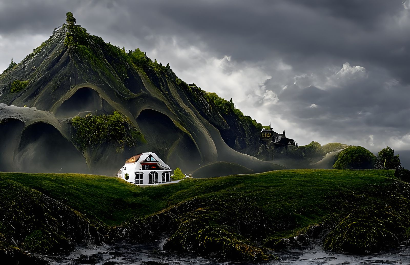 Victorian House in Surreal Landscape, 3D Rendering