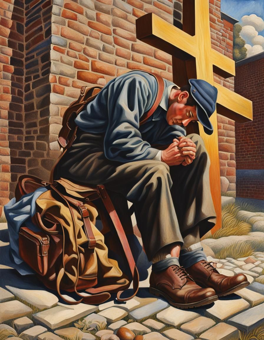 Pilgrim at Cross in Style of Stanley Spencer