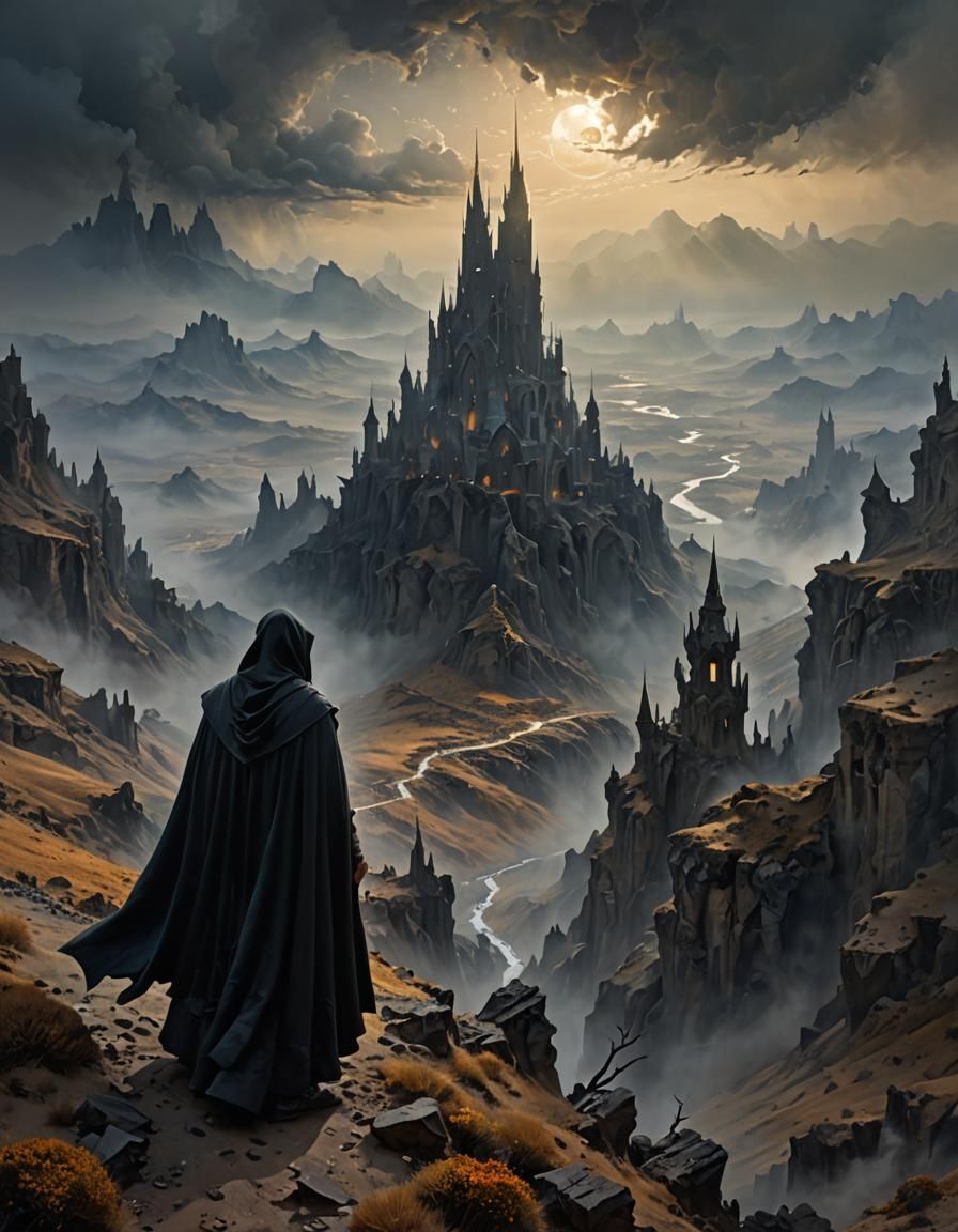 Mysterious Cloaked Figure in Desolate Landscape