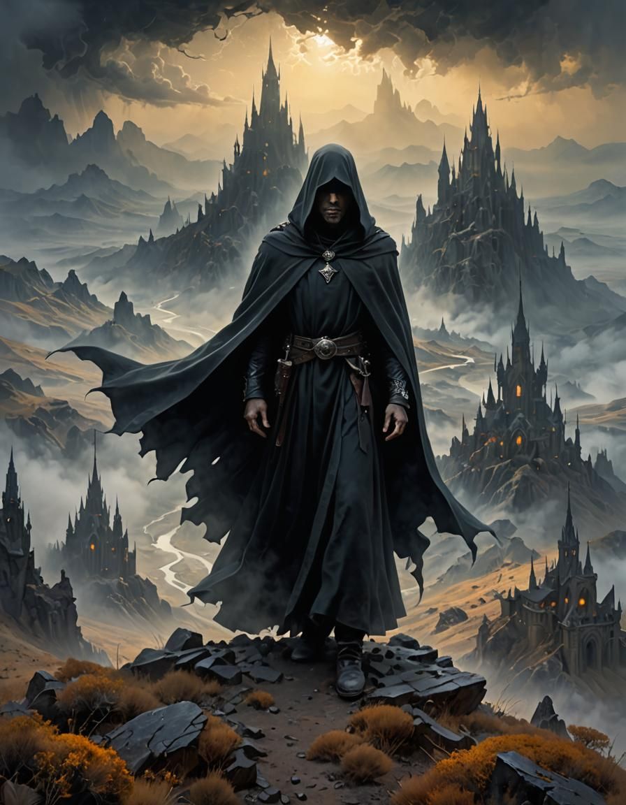 Mysterious Cloaked Figure in Desolate Landscape