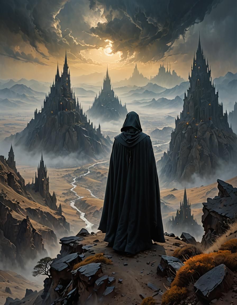 Mysterious Cloaked Figure in Desolate Landscape
