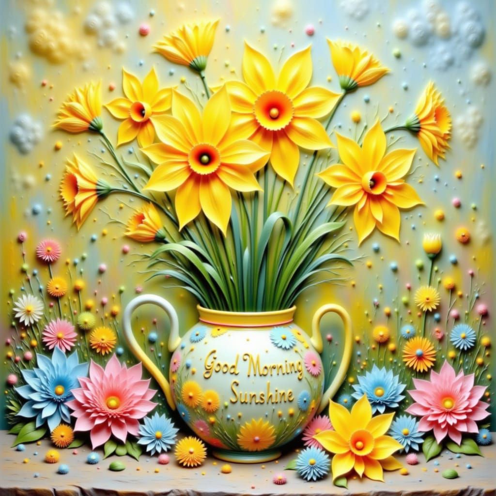 Bright Daffodils and Tea Cup in Abstract Style