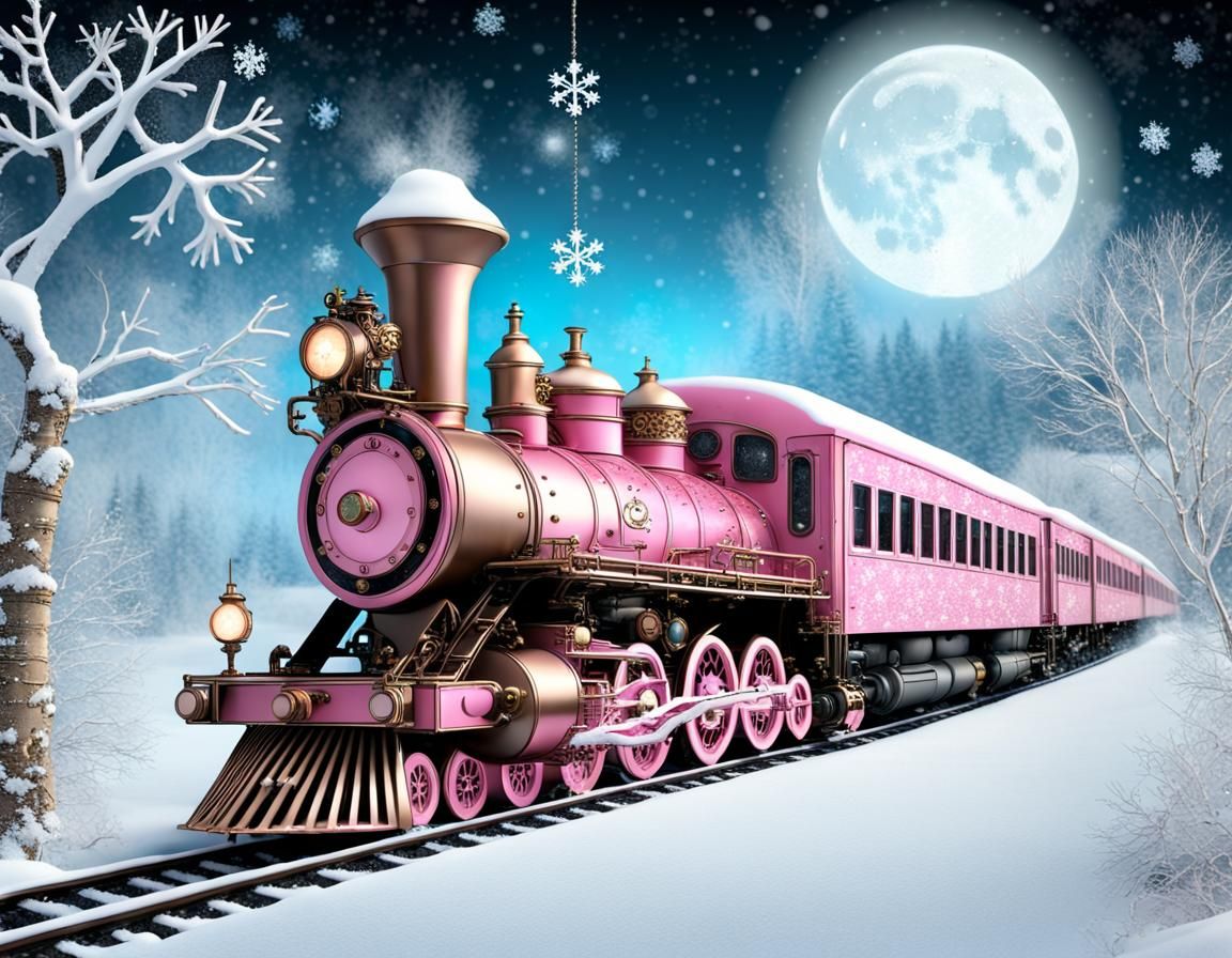 Pink Steampunk Train in Snowy Victorian Scene