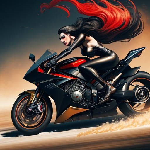 Woman Rides Vampire Supercar in Expressionist Style