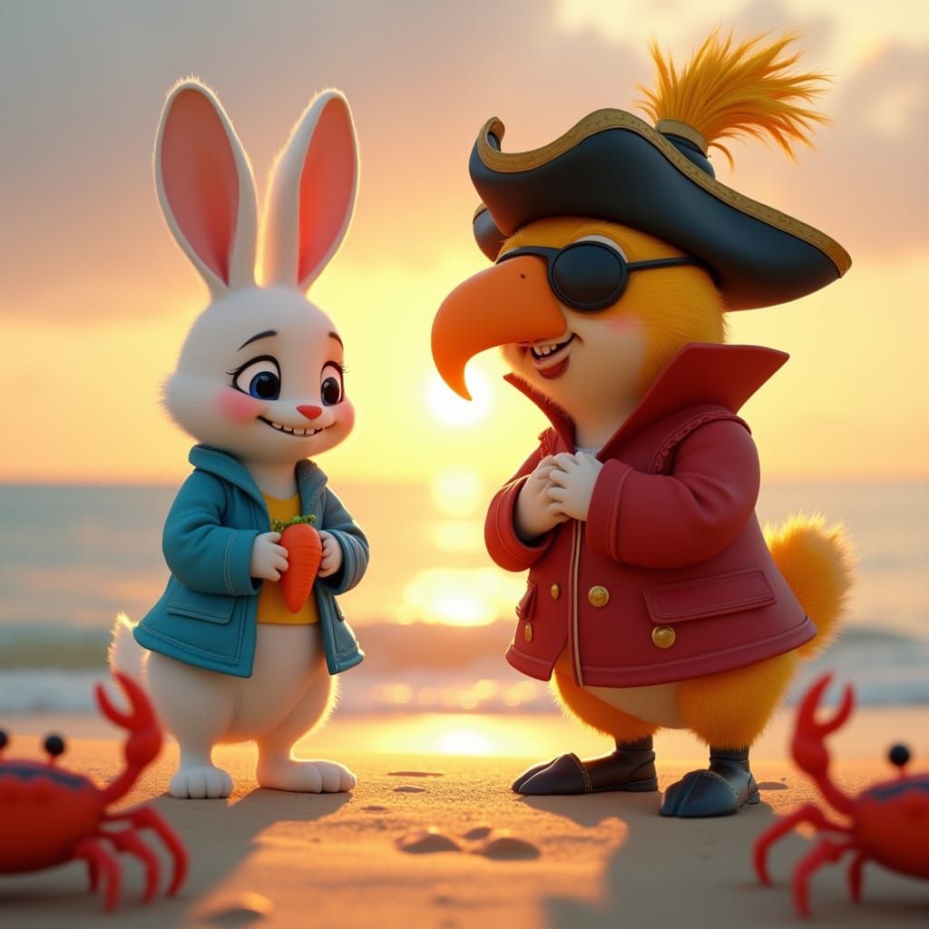 Heartwarming Beach Reunion in Pixar-style 3D Animation