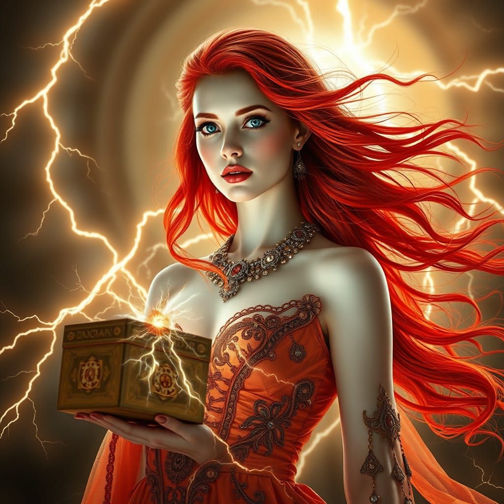 Regal Fantasy Goddess of Electricity with Red Hair and Gothi...