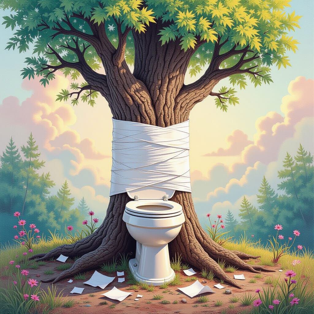 Surreal Tree Wrapped in Toilet Paper, Ethereal Watercolour