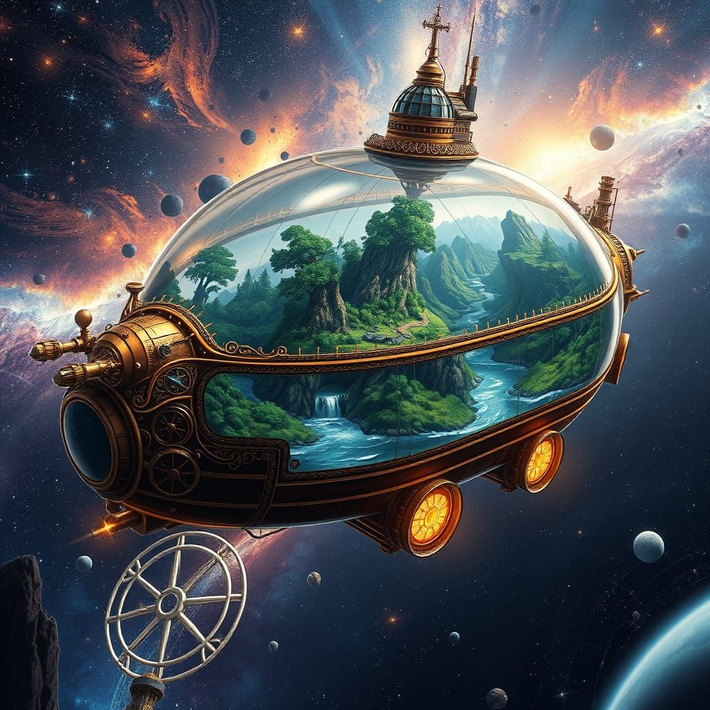 Majestic Spacecraft with Futuristic Greenhouse Habitat