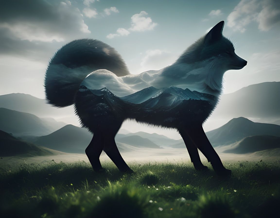 Double Exposure Fox with Landscape Vista