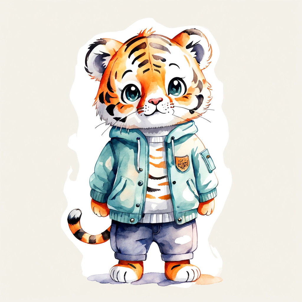 Cute Watercolor Tiger Cub in Whimsical Clothing