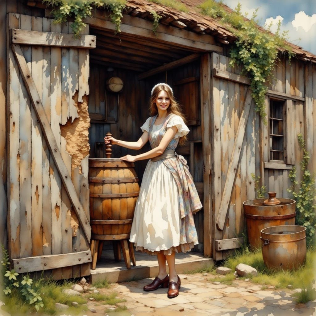 Milkmaid Churning Butter in Impressionist Style