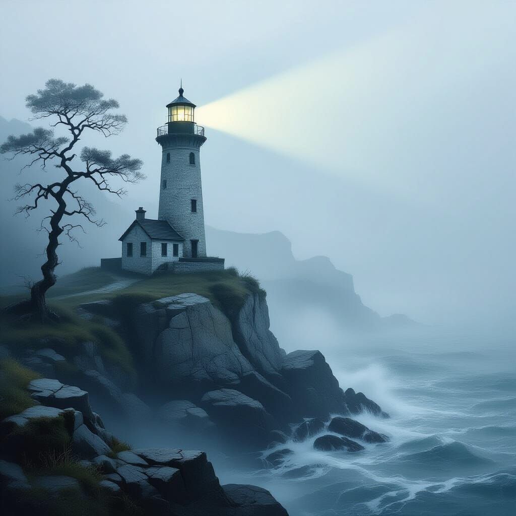 Weathered Lighthouse in Ethereal Fog