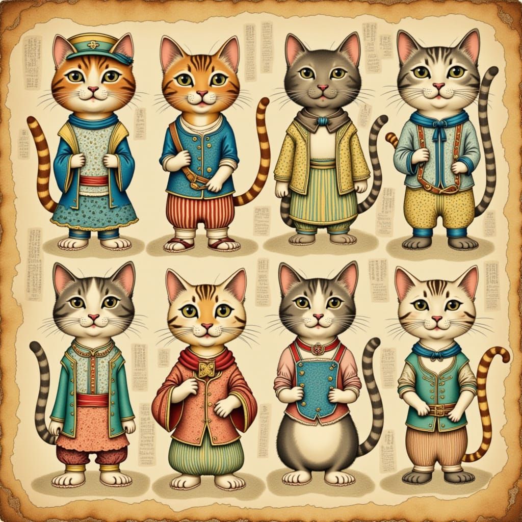 Whimsical Golden Age Illustration of Lucky Cats in Retro Hor...