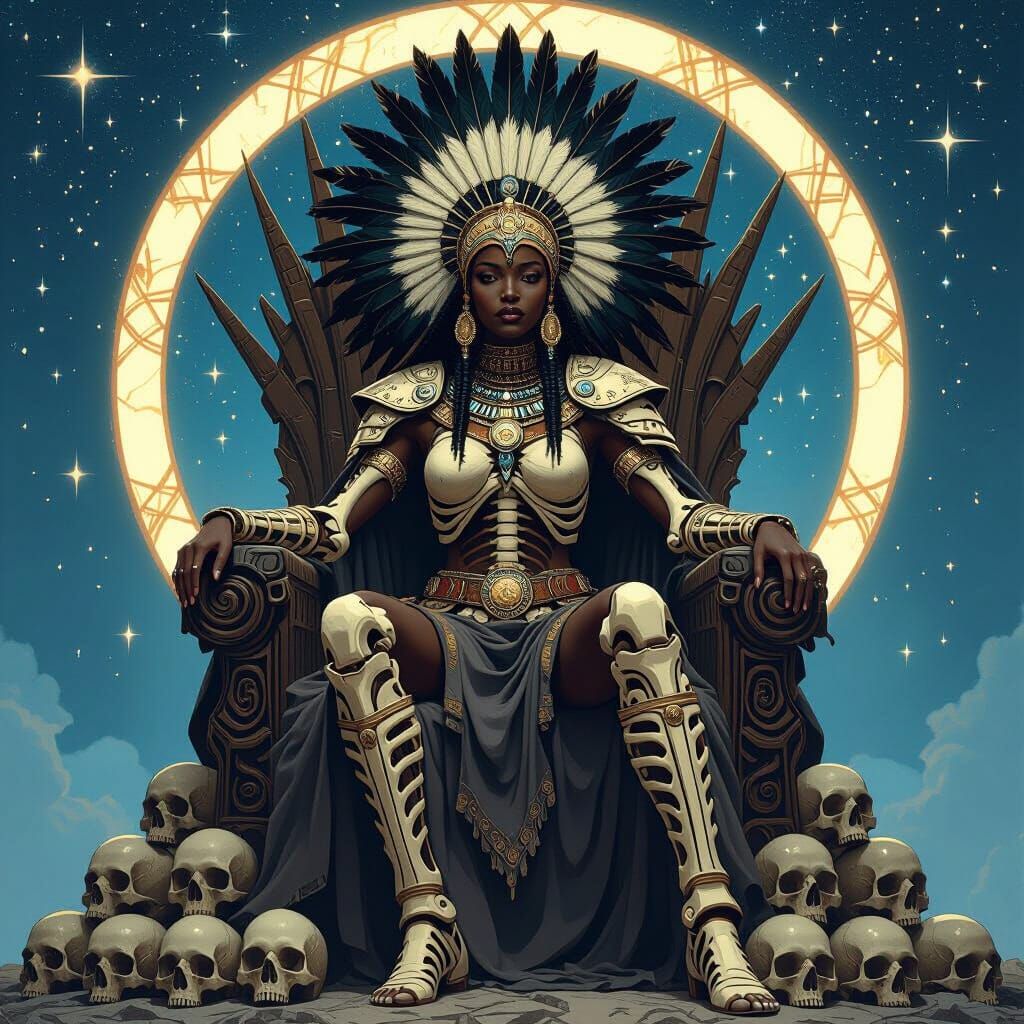 African Warrior Queen on Skull Throne in Art Nouveau Style