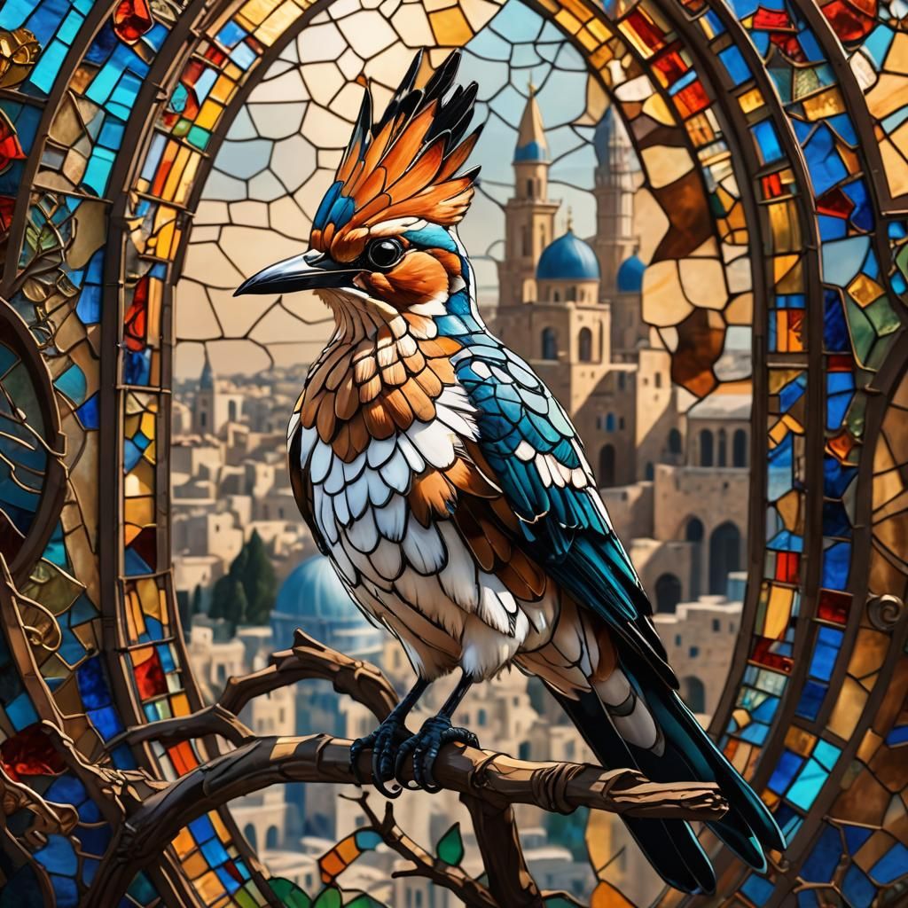 Stained Glass Hoopoe Bird with Biblical Jerusalem Backdrop