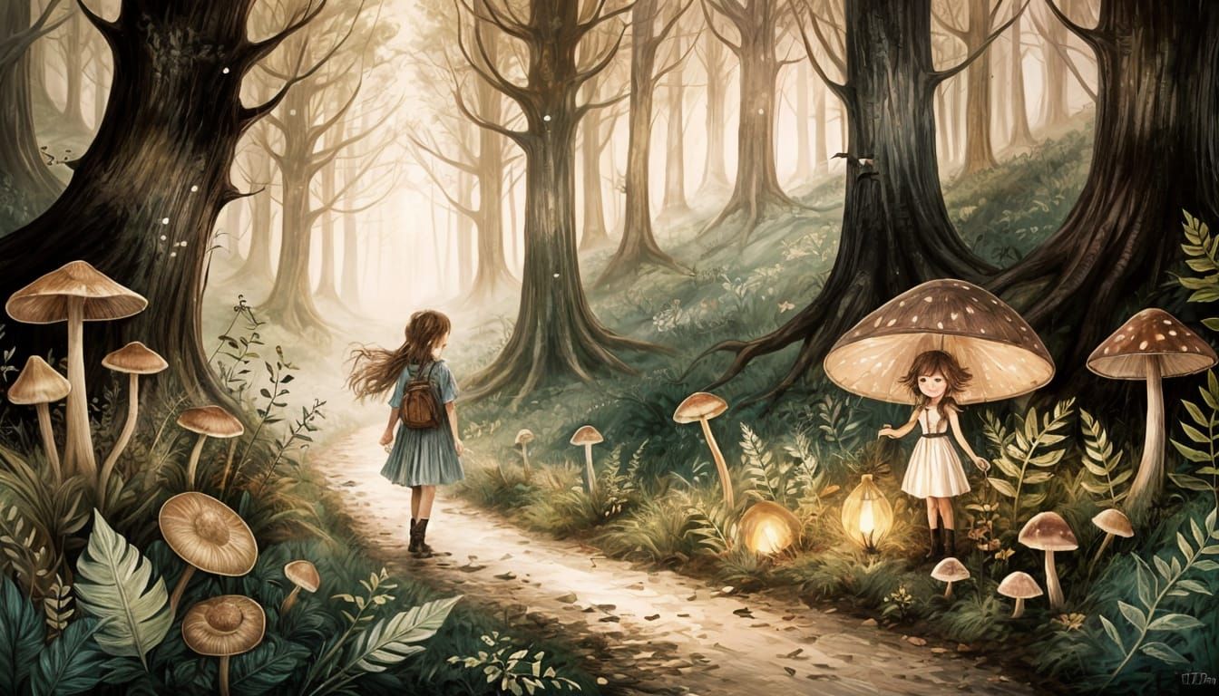 Girl and Fairy in Forest Illustration