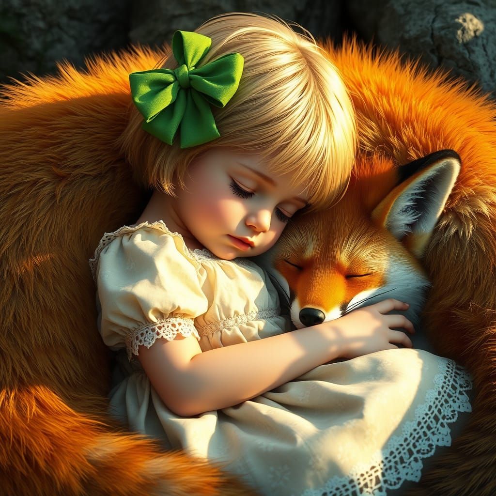 Peaceful Girl Sleeping with Majestic Fox Companion in Dreamy...