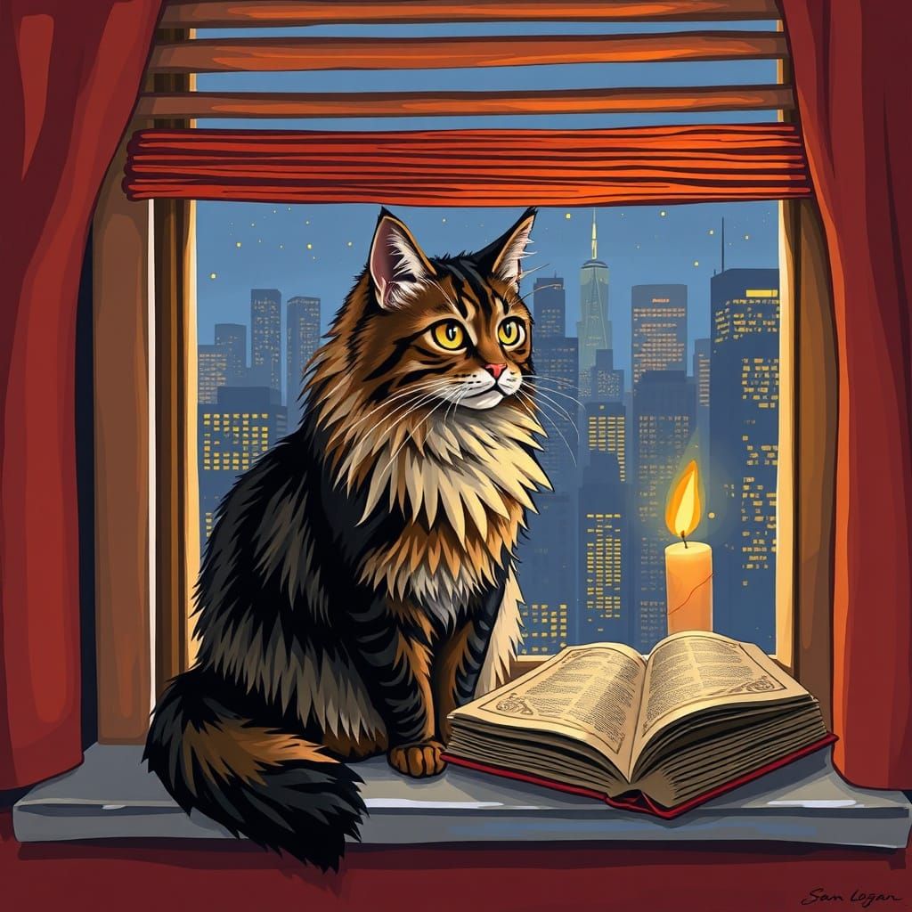 Tabby Cat Gazes at Cityscape, Vintage Book and Candle