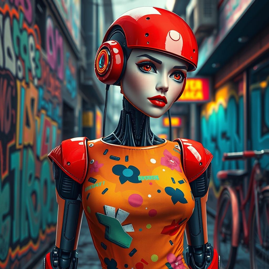 Robot in Fifties Dress in Graffiti Street Scene