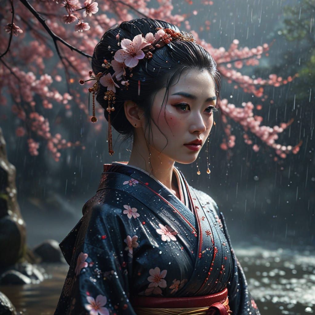 Surreal Fantasy Geisha Adorns Rainy Day Sanctuary in Cinemat...