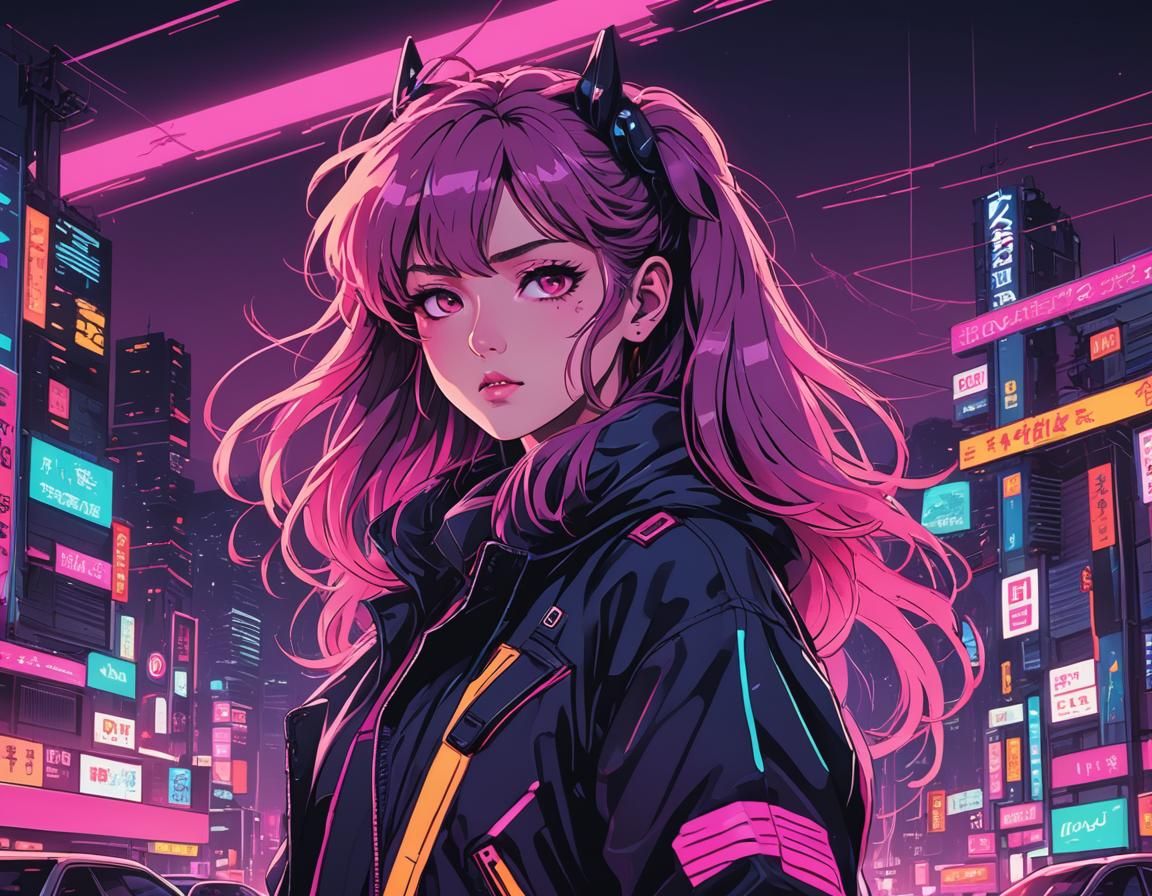 Anime Style Neon Retro Synthwave Scene