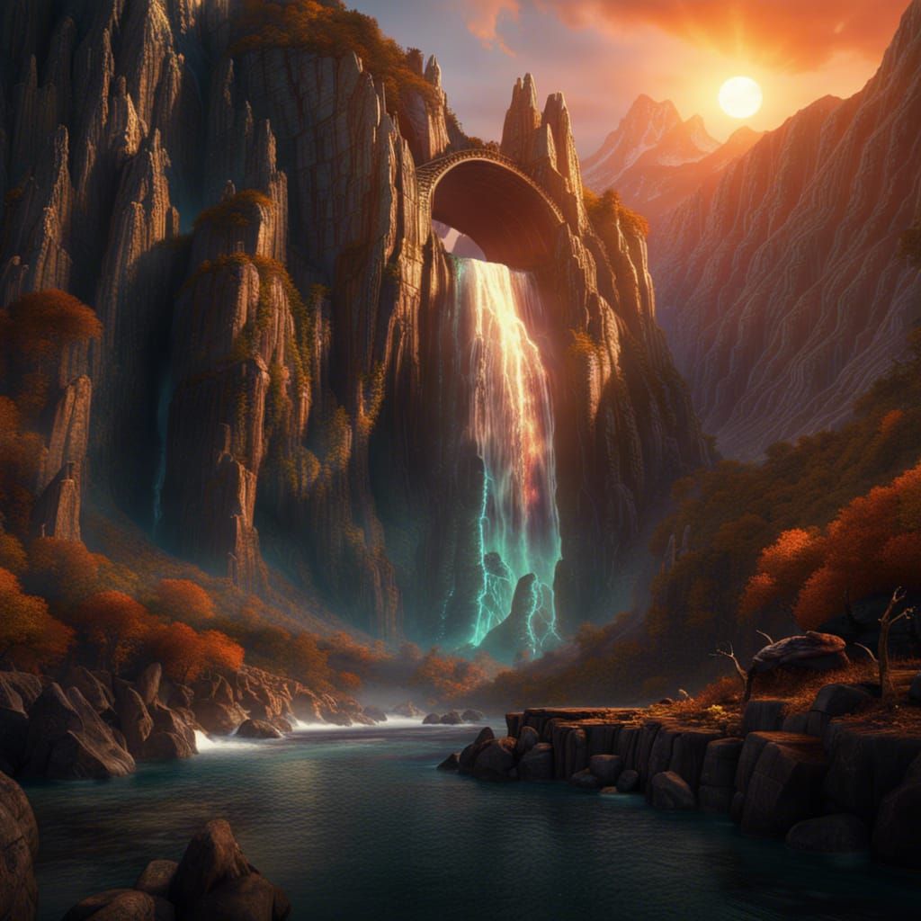 Sunset Waterfall in Lord of the Rings Mountains