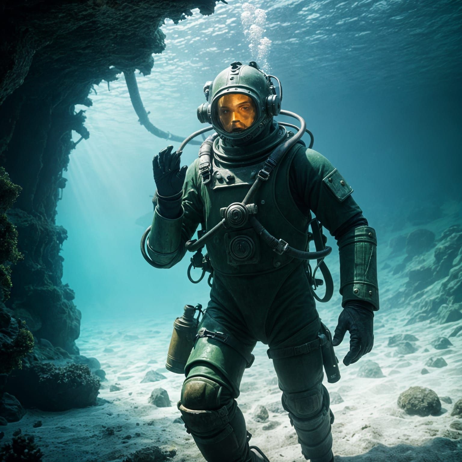 Armored Diver Exploring Sunken Ship in Cinematic Style