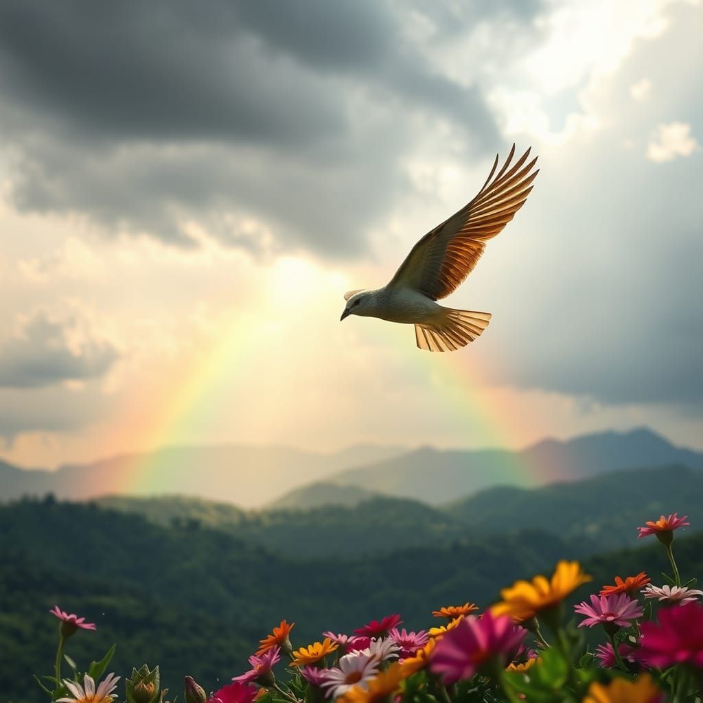 A highly detailed, photorealistic scene of a majestic bird s...