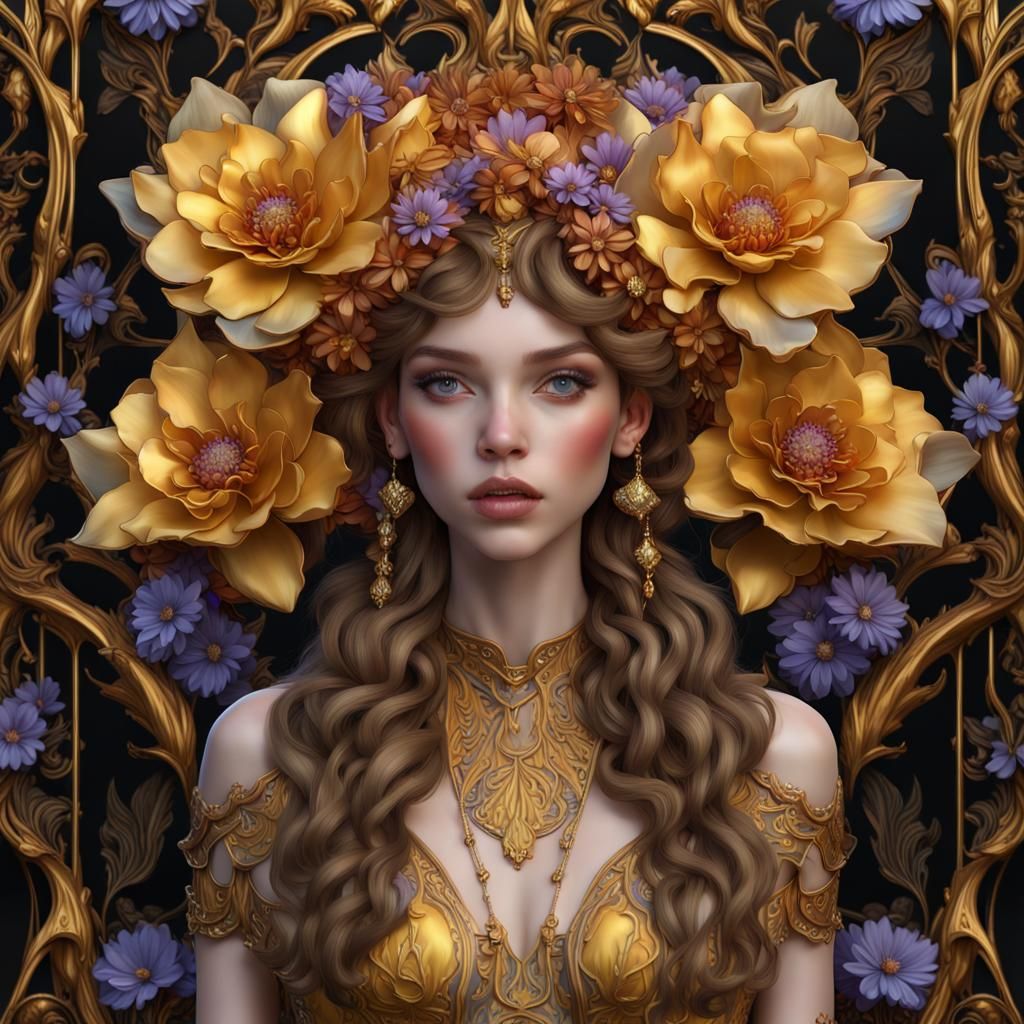 Art Nouveau Portrait with Gilded Porcelain Flowers